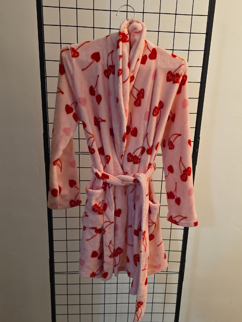 Juicy Couture Pink Plush Robe with Red Cherry & Heart Print S/M